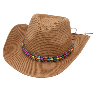 Straw cowboy hat with colorful beads and ethnic band for summer sun protection