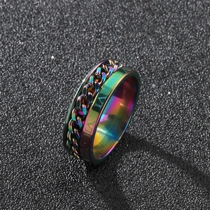 Macro shot of rotatable rainbow chain ring with Roman numerals on stainless steel band