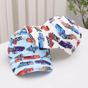 Close-up of kids racing baseball caps with Speed Racer print and checkered flag patterns