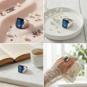 Macro view of blue emerald-cut gemstone ring with silver metal band in multiple scenes