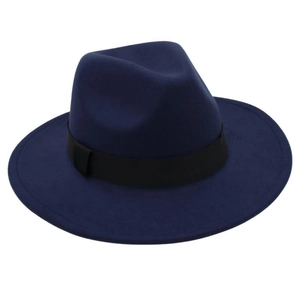 Detail of navy blue felt fedora hat featuring classic wide brim and black ribbon band