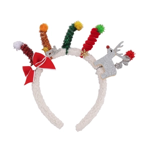Cute plush Christmas tree headband with red bow and colorful fuzzy pompom decorations