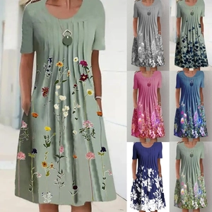 Women's Floral Print Midi Dress Elegant Round Neck Short Sleeve Pleated Casual Sun Dress With Pockets Polyester Summer Beach Dress