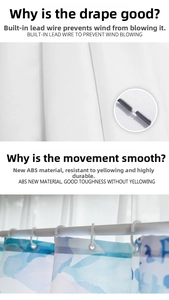 Detail of built-in lead weight line and smooth ABS plastic hooks for shower curtains