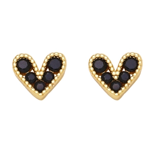 Mini gold heart stud earrings with black zircon stones and milgrain edge detail