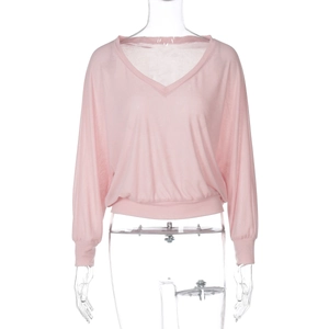 Detail of light pink sheer mesh top showing V-neck, long batwing sleeves and elastic waist