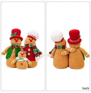 Front and back views of a 3-piece knitted Christmas gingerbread man figurine set