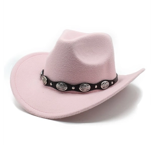 Pink western felt cowboy hat featuring black leather band and silver metal ornaments