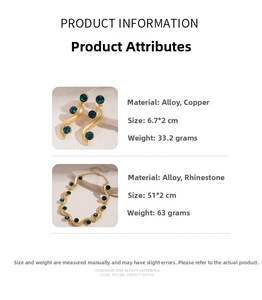 Detail showing dimensions of vintage gold necklace and earrings with blue crystals
