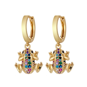 Detailed close-up of gold hoop earrings with colorful zircon frog pendant on white background