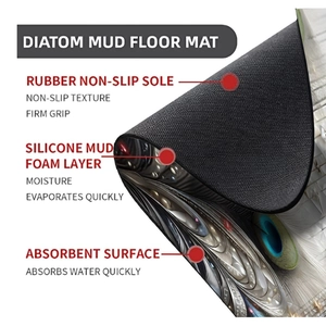 Three-layer diatom mud floor mat with non-slip rubber base and absorbent peacock pattern