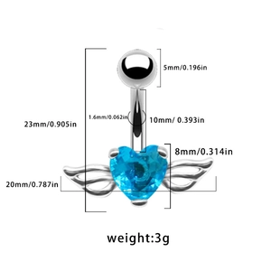 Vue détaillée du piercing de nombril coeur bleu avec ailes et dimensions