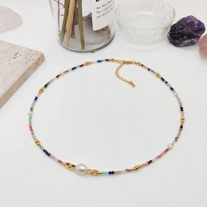 Natural Stone Beaded Choker Necklace With Freshwater Pearl 18K Gold Plated Brass Bohemian Handmade Colorful For Women