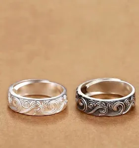 Vintage Xiangyun Cloud Embossed Open Ring Copper Thai Silver Style Adjustable Finger Jewelry For Men And Women