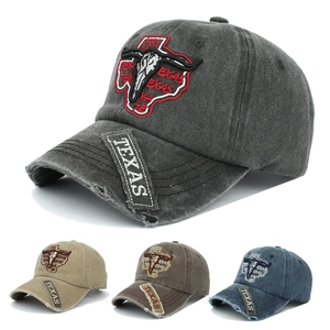 Vintage Washed Cotton Baseball Cap Embroidered Texas Bull Head Distressed Dad Hat Adjustable Unisex Outdoor Sunshade
