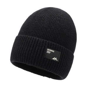Schwarze Winter-Strickmütze für Herren mit Thermo-Fleecefutter und Sport-Berg-Aufnäher