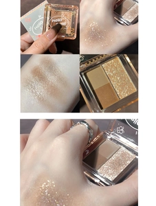 Macro detail of the matte and shimmer eyeshadow textures with arm swatches in brown tones