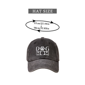 Detailed sizing guide for DOG MOM baseball cap showing head circumference 57-58 cm