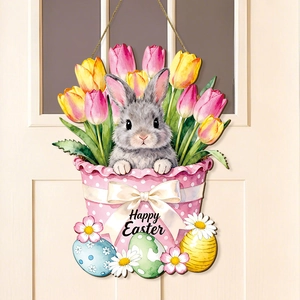 Plaque De Porte En Bois Pâques Lapin Tulipe Fleur Bienvenue Happy Easter Ferme Décoration Murale Ornement Festif