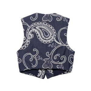 Women's dark blue embroidered vest with paisley pattern and twill fabric texture