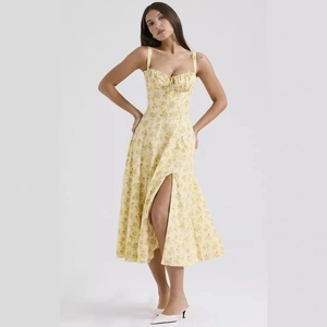 Sexy backless floral midi dress with high slit and drawstring chest in yellow
