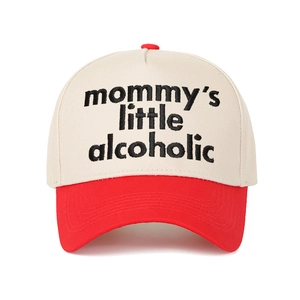 Two-tone baseball cap in cream and red featuring Mommy's Little Alcoholic embroidery