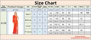 Detailed size guide table for the orange one-shoulder sequin evening dress with slit