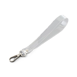 Transparent TPU wrist strap keychain with silver metal clasp and D-ring on white background