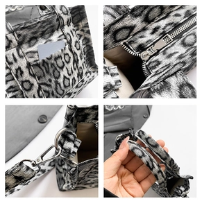 Detailed views of leopard print tote bag with metallic hooks and zipper textures