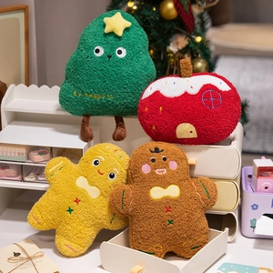 Cartoon plush Christmas tree and gingerbread man decorative pillows in a cozy holiday scene