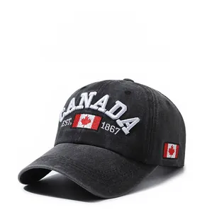 Close-up of vintage cotton baseball cap with Canada flag and EST 1867 embroidery