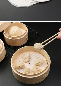 Close-up of non-stick perforated steamer paper liners used for bamboo steaming baskets