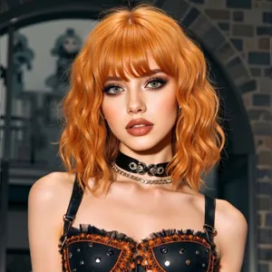 Short wavy orange bob wig with neat bangs featuring fashionable synthetic hair for women