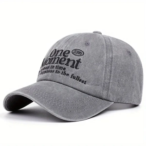 Unisex grey washed cotton baseball cap with One Moment black embroidery on front