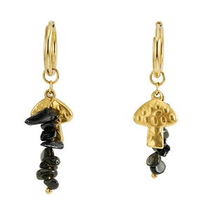 Close-up of gold mushroom earrings featuring black natural stone fragments on white background