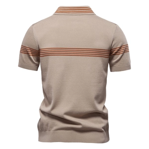 Macro detail of the beige knitted fabric and brown stripes on men's polo shirt back