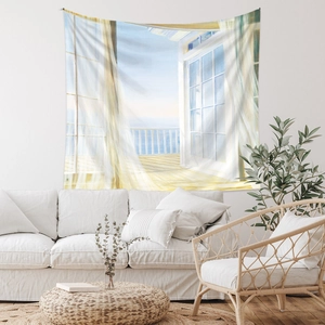 Detail showing high-quality polyester fabric print of coastal balcony landscape tapestry