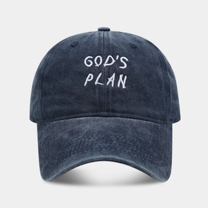 Distressed cotton baseball cap featuring white God's Plan embroidery in washed charcoal gray