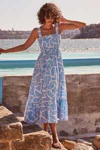 Detail of blue abstract print summer dress showing tiered skirt and smocked bodice