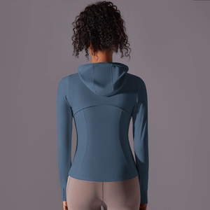 Navy blue hooded sports jacket for women featuring ergonomic back stitching and slim fit design