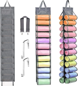 Vue détaillée du sac de rangement suspendu gris avec 24 poches et crochets métal