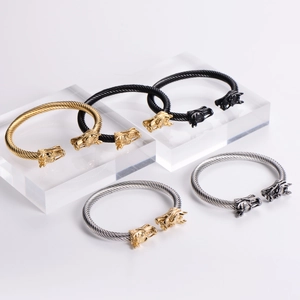Men's punk style 304 stainless steel twisted dragon head open cuff bracelets in four colors