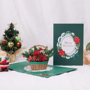 3D Pop Up Christmas Greeting Card Flower Basket Laser Cut Paper Carved Card With Envelope Merry Christmas Gift Card For Holiday Decoration