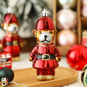Charming bear soldier Christmas ornament with red and gold glitter on a festive background