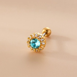 Blue zircon stud earring in gold-plated stainless steel with double-headed screw back