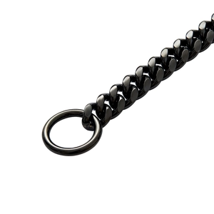 Close-up of polished black stainless steel 10mm Cuban link dog collar with O-ring detail