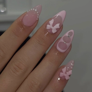 Pink Almond Press On Nails With 3D Bows Artificial Pearls And Rhinestones Sweet French Style Glossy Fake Nails For Women