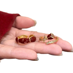 14K gold plated vintage oval red enamel ring and rose thorn ring for women stylish look