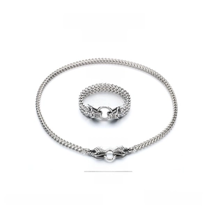 Macro view of stainless steel punk dragon bone chain with dual snake head clasps