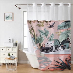 Detailed close-up of a floral cat print shower curtain in a modern bathroom setting